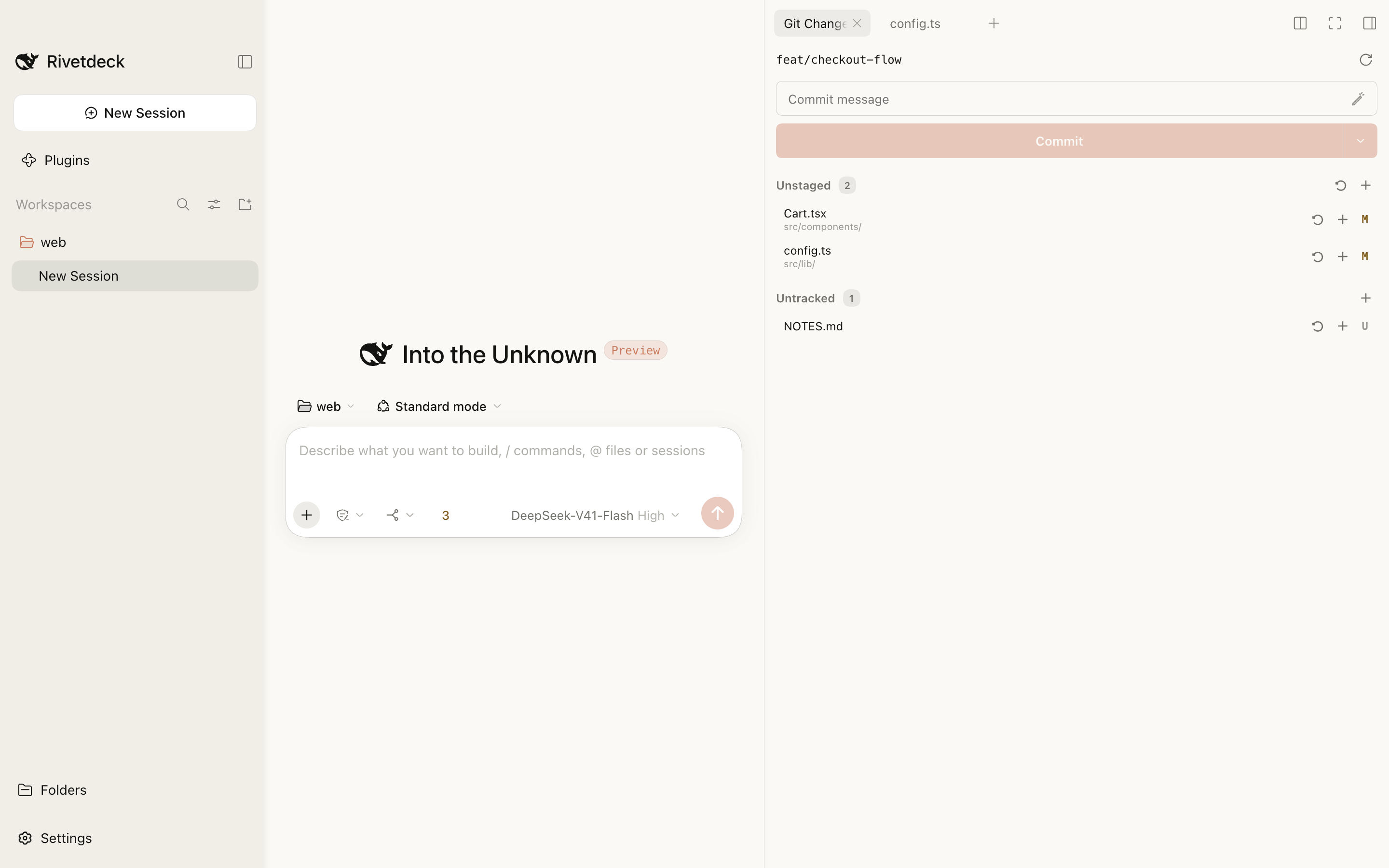 Rivetdeck with the Claude theme applied in light mode.