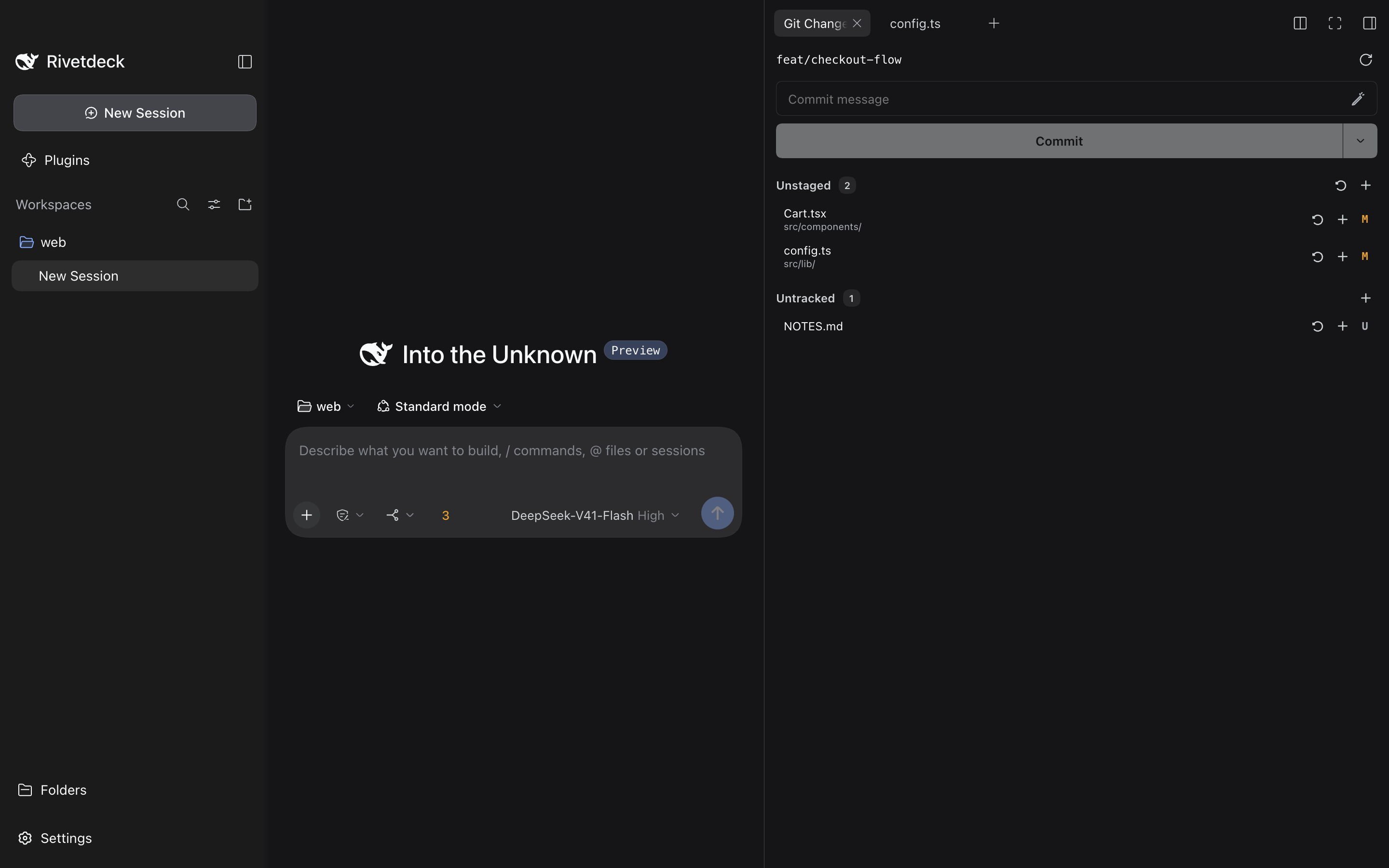Rivetdeck window with the Workspaces sidebar, a new session composer, and the Git Changes panel listing two modified files and one untracked file on branch feat/checkout-flow.
