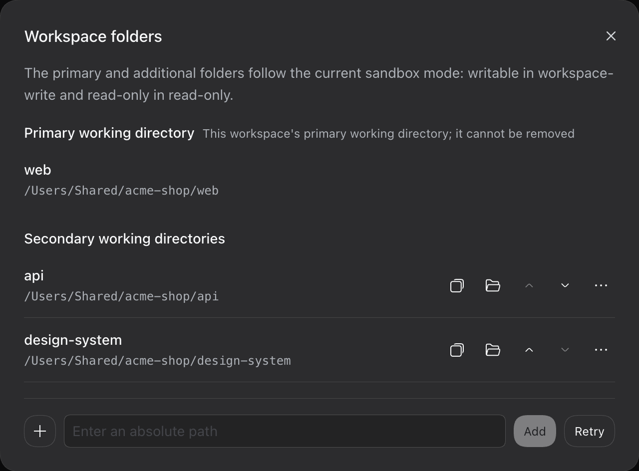Workspace folders dialog: primary working directory web, secondary directories api and design-system, with reorder, reveal and remove actions.