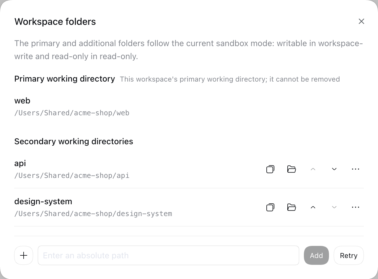 Workspace folders dialog: primary working directory web, secondary directories api and design-system, with reorder, reveal and remove actions.