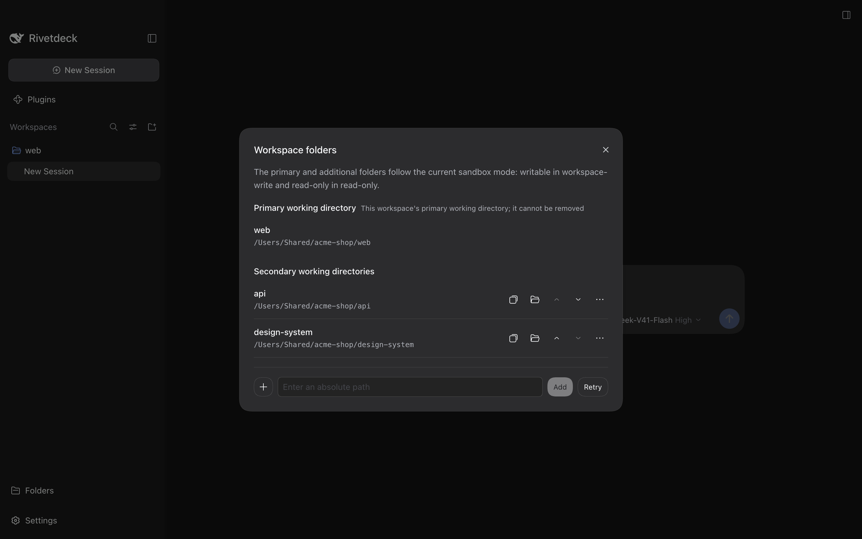The Workspace folders dialog in Rivetdeck listing one primary working directory and two secondary working directories.