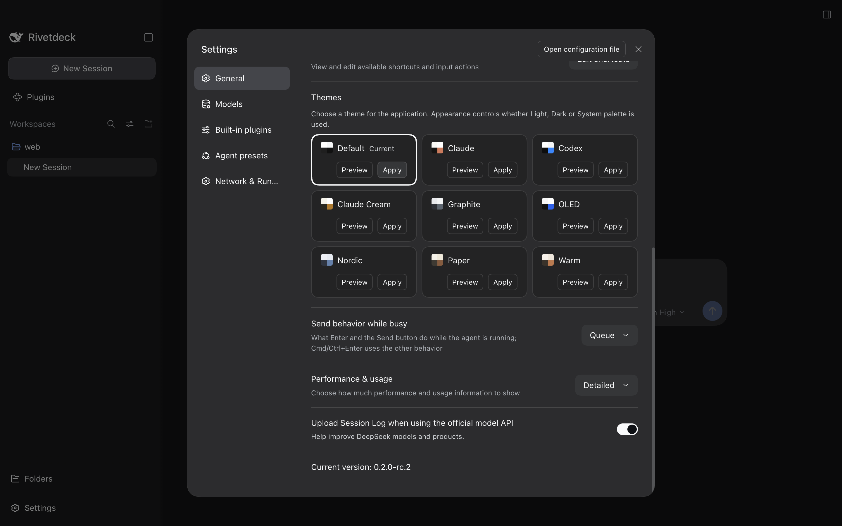 Rivetdeck Settings dialog showing the Theme Studio theme cards: Default, Claude, Codex, Claude Cream, Graphite, OLED, Nordic, Paper and Warm.