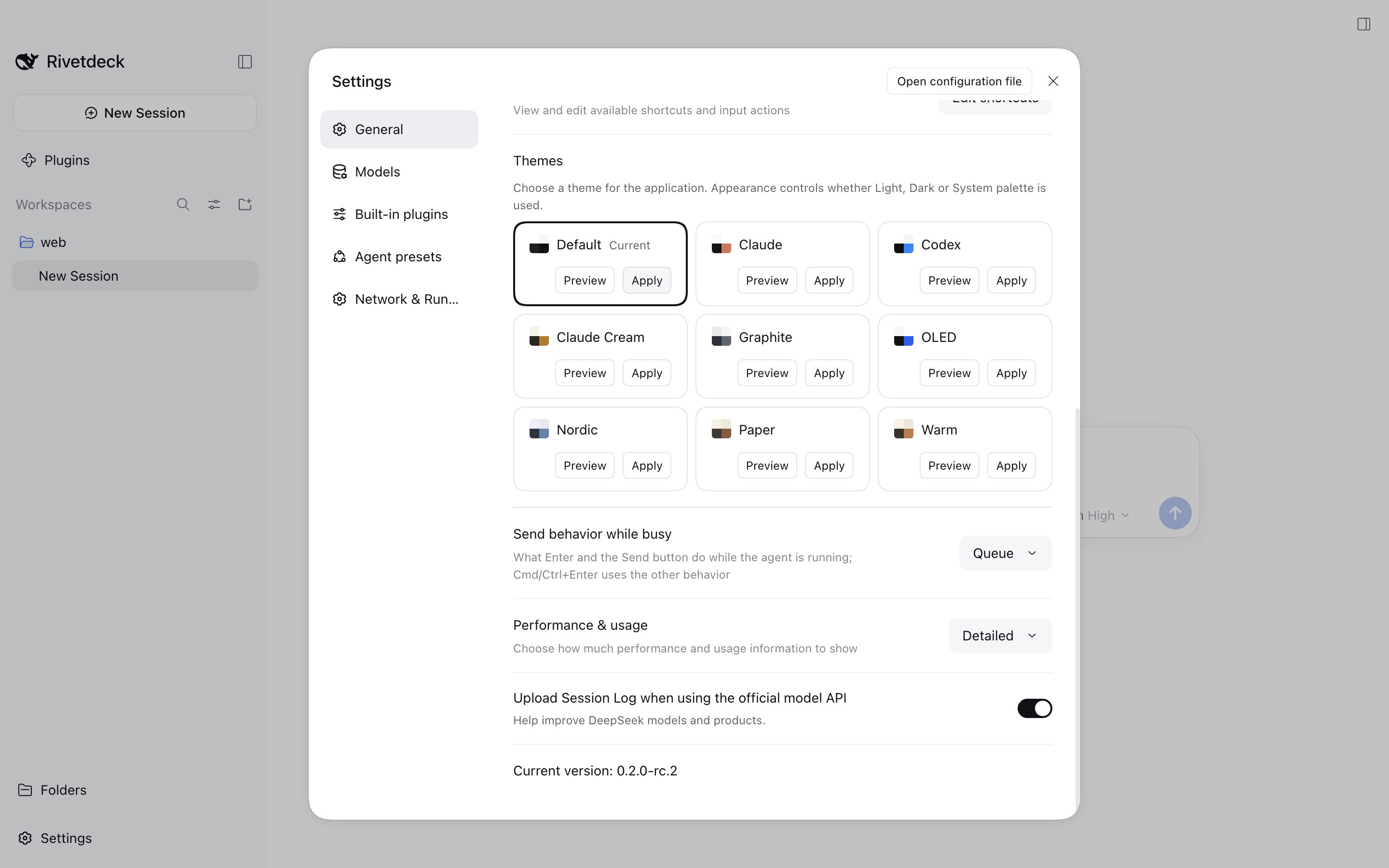 Rivetdeck Settings dialog showing the Theme Studio theme cards: Default, Claude, Codex, Claude Cream, Graphite, OLED, Nordic, Paper and Warm.